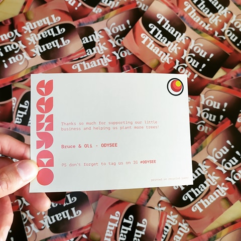 Thank you notes sent out with each Odysee order